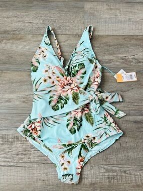 Kona Sol Light Blue Tropical One-Piece Swimsuit